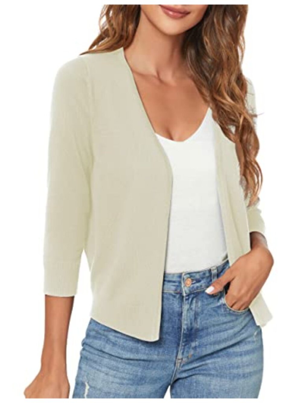 Womens Cropped Open Front 3/4 Sleeve Shrug Cardigan Knit Sweater